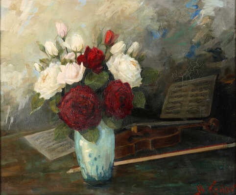 Крылов Борис Петрович. Красные и белые розы в голубой вазе